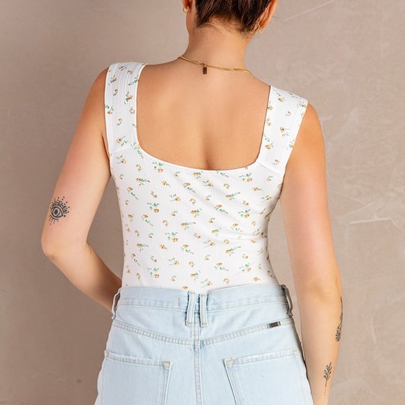 White White Floral Print Ribbed U Neck Sleeveless Bodysuit - Picture 4 of 5